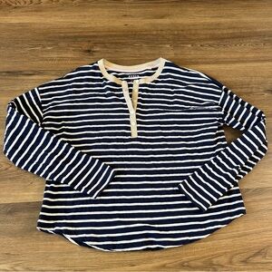 oden Metallic Trim Striped Henley Shirt Long Sleeve Nautical Navy Blue Women 14